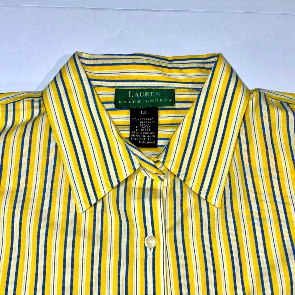 Lauren Ralph Lauren Women's Yellow L/S Stripe Button-Up Blouse Size 1X